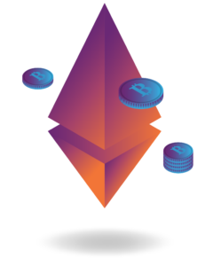 Une représentation en 3D de l'icône des ETFs Spot Ethereum 2024, présentant sa forme octaédrique distinctive dans des nuances de bleu et blanc, avec un effet lumineux pour souligner son aspect tridimensionnel.